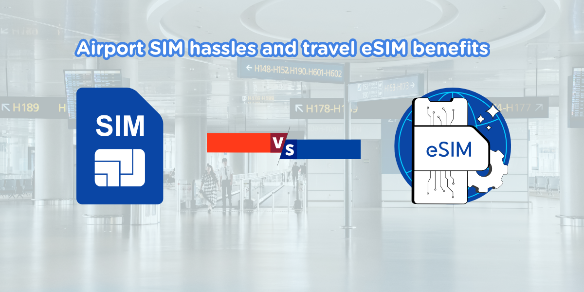 Illustration comparing airport SIM card and travel eSIM benefits in an airport setting