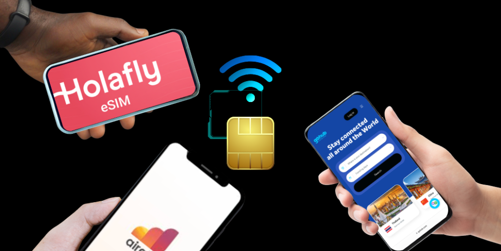 Image showing three eSIM providers — Holafly, Airalo, and GoHub — used by travelers in Egypt
