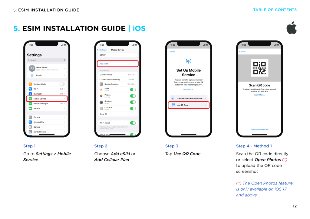 Step-by-step instructions to install eSIM on iPhone using QR code