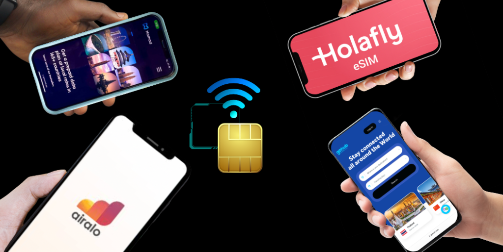 4 phones showing eSIM providers: Gohub, Holafly, Nomad, and Airalo