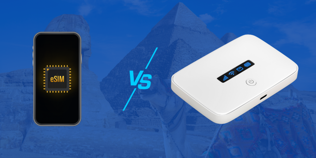 Side-by-side icons showing phone with eSIM vs Pocket WiFi router and cables