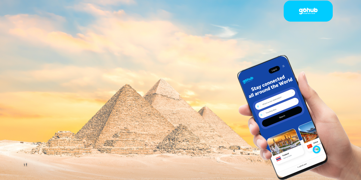 Gohub Egypt eSIM with pyramid backdrop and 'Buy Now' visual cue