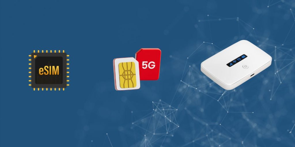 Illustration showing an eSIM chip, a 5G physical SIM card, and a portable WiFi hotspot device to compare different connectivity options for travelers.