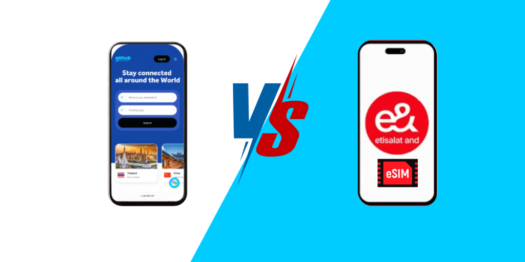 Illustration comparing Gohub travel eSIM and Etisalat Egypt eSIM for travelers.