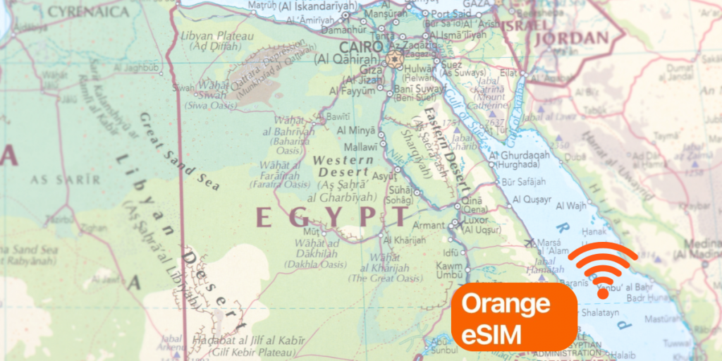 Coverage map of Egypt with WiFi signal icon and Orange eSIM text, representing network availability for travelers