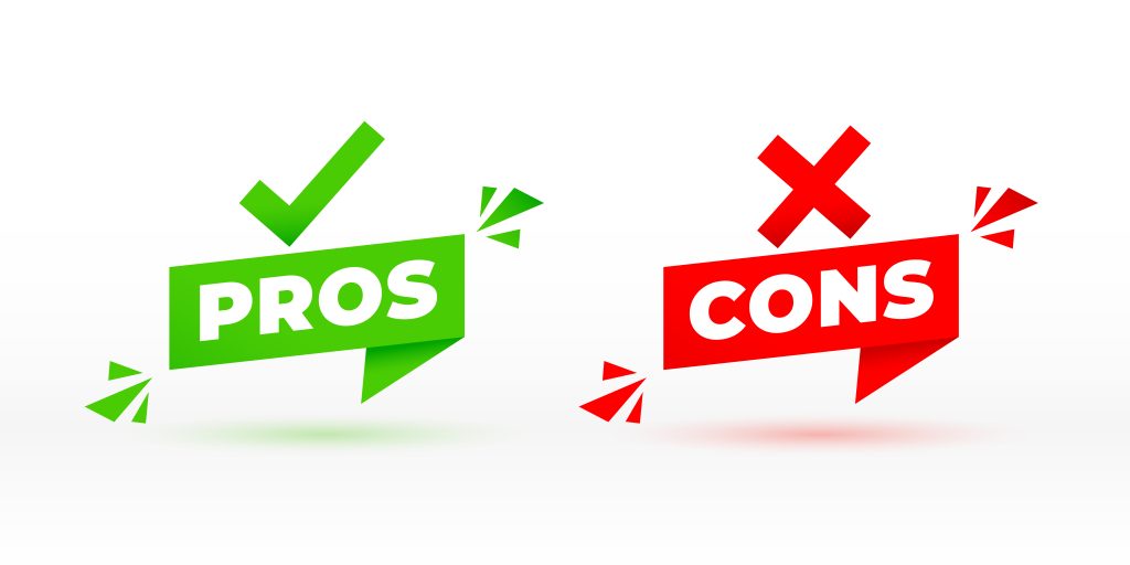 Pros and cons comparison icons with green check mark and red cross, illustrating advantages and disadvantages.