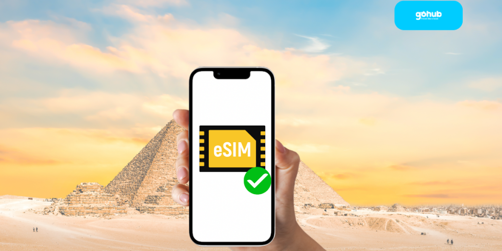 Traveler using mobile data near the Pyramids, symbolizing seamless eSIM connectivity in Egypt.